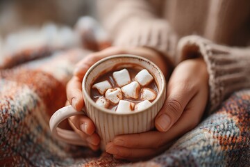 Warm hands cradle a cozy mug of rich cocoa topped with fluffy marshmallows