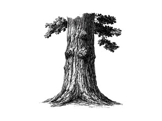 Hand-drawn cedar tree trunk engraving, vintage botanical art, evergreen forest texture, rustic home decor, black sketch line art, retro woodland theme, nature tree drawing, eco-friendly rustic print