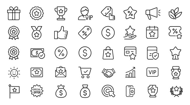 Exclusive Benefits Icons Set, editable thin line vector illustration of loyalty bonuses, rewards, badges, vouchers, VIP perks, mobile app reward system icons, loyalty management.