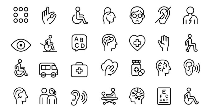 Disability Line Editable Icons Set, Vector Illustration Modern Thin Line Style for Inclusivity, Wheelchair, Assistive Devices, Braille Symbol, Ramp, Mental Health, Care Assistance