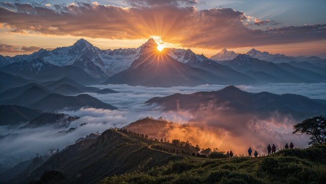 A breathtaking sunrise from Tiger Hill with golden light illuminating the snow-covered peaks of Kanchenjunga and Everest, mist rolling over the valleys, and tourists watching in silhouette.