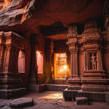 Warm low light filters through ancient Badami rock-cut caves, revealing intricate Chalukya carvings and stone textures.