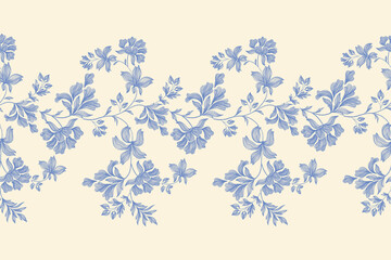 Vintage floral ethnic tapestry modern embroidery texture boho design vector illustration hand drawn silhouette indigo blue flower motif branches leaves wallpaper seamless background border.