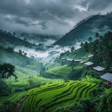 Misty green Ziro Valley showcasing monsoon clouds, paddy fields, and traditional Apatani village huts.