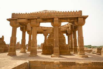 Chaukhandi cemetery near Karachi, Pakistan. Ancient islamic carved tombs made from sandstone. 