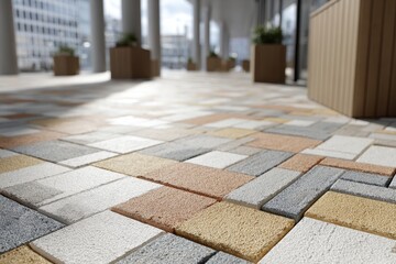 Vibrant multi-colored textured paving stones in a modern urban outdoor plaza.