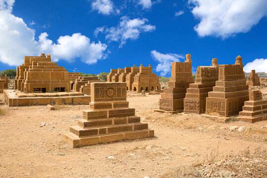 Chaukhandi cemetery near Karachi, Pakistan. Ancient islamic carved tombs made from sandstone.