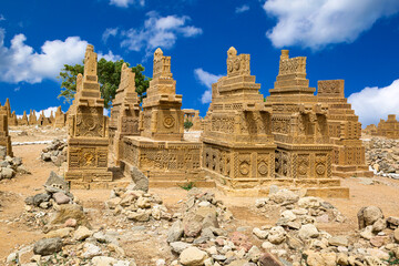 Chaukhandi cemetery near Karachi, Pakistan. Ancient islamic carved tombs made from sandstone. 