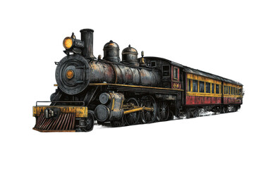 Obraz premium Steam locomotive color sketch engraving _ Vintage steam train illustration in color engraving raster style. Transparent PNG, ideal for retro travel posters or historical transport themes.