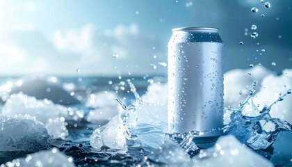 Refreshing Cold Drink Can in Ice Water Splash