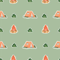 Camping seamless pattern with tent, plants and fire made of wood logs. Cartoon objects with paper cut shapes. Red, green and brown colors. Print on fabric and paper. Vector design for textile,cover