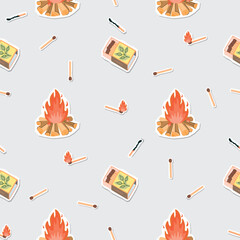 Matches seamless pattern with fire made of wood logs. Open matchbox, burning and burnt-out match. Cartoon objects with paper cut shapes. Red, yellow, green and brown colors. Vector design for textile.