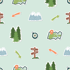 Tourist seamless pattern with compass, map with pointer, mountains, coniferous forest and arrows. Cartoon objects with paper cut shapes. Green, blue, red and brown colors. Vector design for textile