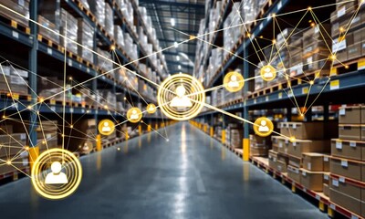 Warehouse interior with superimposed network illustrating interconnectedness of supply chain and personnel - Powered by Adobe