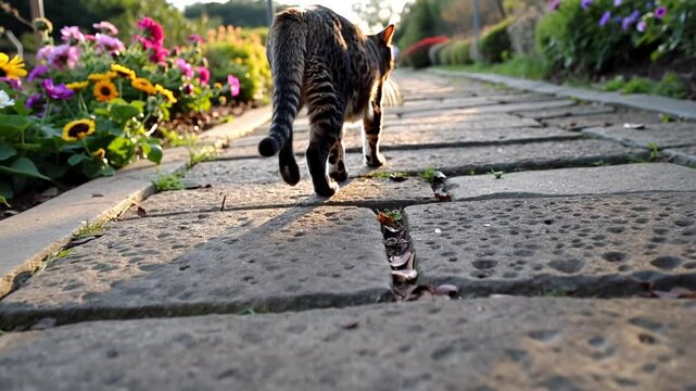 A tabby cat walks along a sunlit stone path bordered by colorful blooming flowers in a peaceful garden.