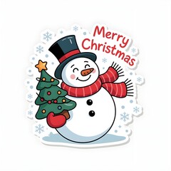 Smiling snowman Christmas card design with small tree Flat cartoon style Vector illustration Isolate