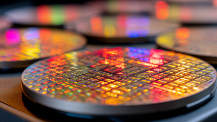Obraz premium Prismatic Silicon Wafers: vibrant close-up of patterned semiconductor discs highlighting advanced chip fabrication science. 