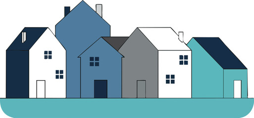 Group of Minimalist Small Houses in Blue and Gray Tones Vector Design Illustration for Urban and Residential Concepts