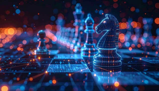 Modern holographic chessboard with glowing abstract digital chess pieces