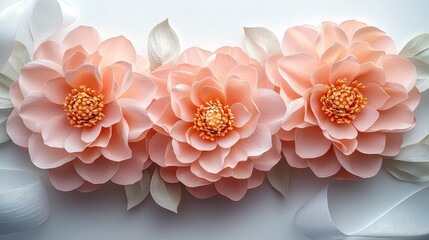 Obraz premium Three large, peach-colored paper flowers arranged in a horizontal row.