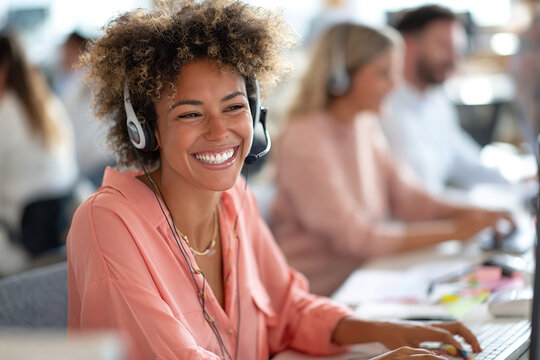 Customer service representative engaging with clients at a busy office environment