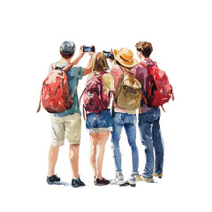 Young tourists group photo watercolor _ Youth travelers taking a selfie, watercolor style. Transparent PNG ideal for travel apps, postcards, or adventure campaigns.