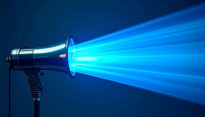 Futuristic metallic megaphone emitting a cohesive stream of light representing brand voice