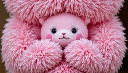 Fototapeta premium a soft, pink object is centered, resembling a plush animal with a smooth face, dark eyes, a small nose, and circular markings on its cheeks