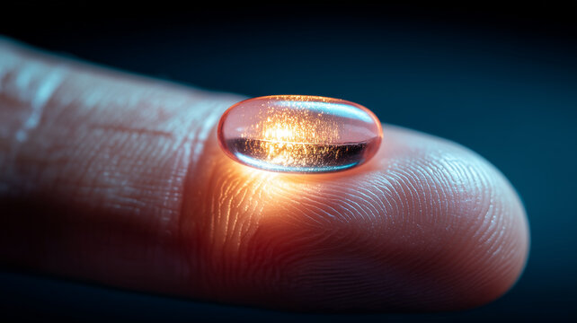 Futuristic Precision Medicine: glowing micro-dose capsule balances on a fingertip, symbolizing cutting-edge nutraceutical innovation and personalized healthcare.
