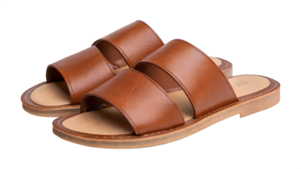 Stylish brown leather slide sandals for men and women featuring a comfortable footbed and durable sole isolated on transparent background isolated on white background