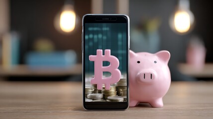 A phone displaying bitcoin symbol with piggy bank on a table near a lightbulb in soft focus
