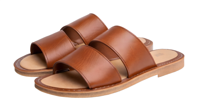 Stylish brown leather slide sandals for men and women featuring a comfortable footbed and durable sole isolated on transparent background isolated on white background
