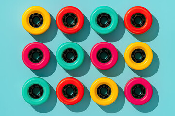 Retro Roller Skate Wheels on Pastel Blue Background – 80s Aesthetic Flat Lay