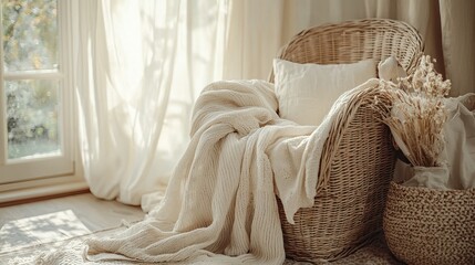 Cozy wicker chair bathed in sunlight