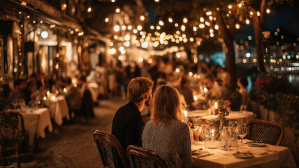 Romantic Cafe Evening. Couple enjoying a romantic evening at a chic cafe. String lights and candlelight create an inviting atmosphere.