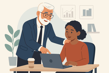 Mature executive mentoring new employee at office desk, business teamwork, leadership guidance, professional training, workplace collaboration, corporate coaching, flat vector illustration