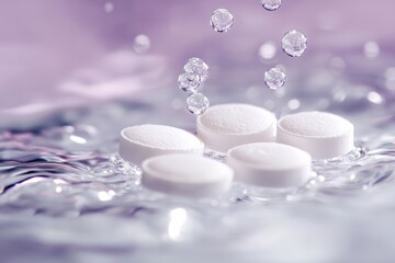 Effervescent tablets dissolving in water with bubbling effect