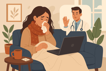 Sick woman consulting doctor online via video call at home. Telemedicine concept. Remote healthcare consultation. Ill person with blanket, laptop, medicine, hot drink. Modern flat vector illustration