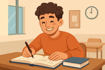 Male student studying for exam in classroom. Young man writing notes in notebook at school desk with books. Education, learning, academic preparation, back to school, modern flat vector illustration.