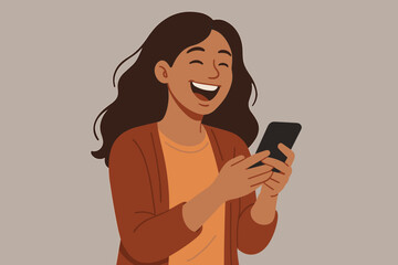 Happy woman laughing while looking at her smartphone. Cheerful girl enjoying funny video or message. Concept of online communication, social media, good news, and positive emotion.
