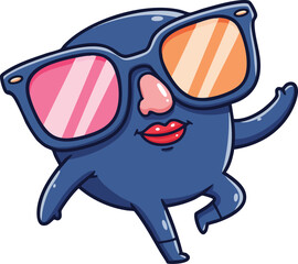 Cool blue cartoon character wearing oversized pink and orange sunglasses with red lips dancing vector illustration