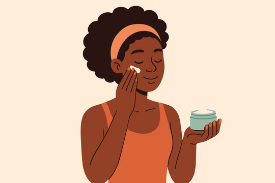 African American woman applying moisturizing face cream. Skincare routine. Self care beauty treatment. Natural curly hair. Modern flat cartoon vector illustration. Healthy lifestyle concept.