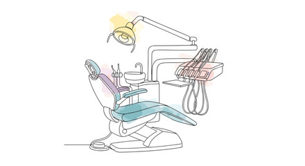 Dental chair and lamp - one line doodle drawing with watercolor fill, minimal vector on white