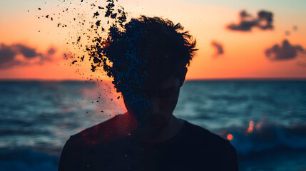 A young man stands on the edge of a vast ocean, his silhouette dark against the glowing hues of a fading sunset.