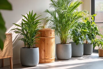 Fototapeta premium Interior space featuring modular rainwater system with vibrant plants and natural light