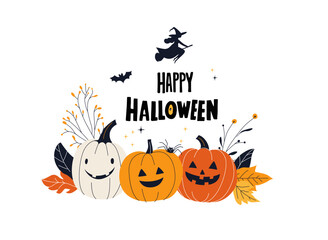 Happy Halloween with Cute Pumpkins, Witch, Spider and Fall Leaves. Festive Greeting Card. Autumn Halloween Poster Jack-o-Lantern Trio, Flying Witch and Seasonal Elements. Flat vector illustration