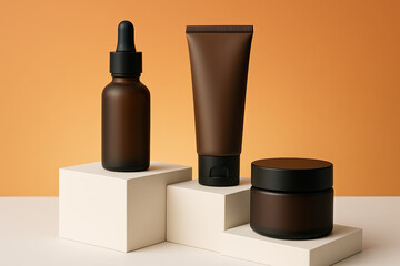 Matte Cosmetic Containers on White Podiums – Minimal Skincare Branding on Warm Orange Background