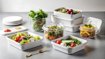 An assortment of fresh vegetables is neatly arranged in white containers on a grey table, ready for a healthy and delicious salad
