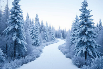 Naklejka premium Solitary Snowy Forest Path with Parallel Tire Tracks in Winter Woods