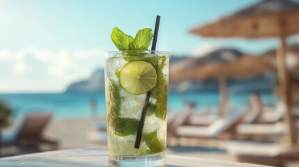 A close-up of a mojito cocktail sits on a table, capturing the essence of relaxation at a beach resort on a sunny day